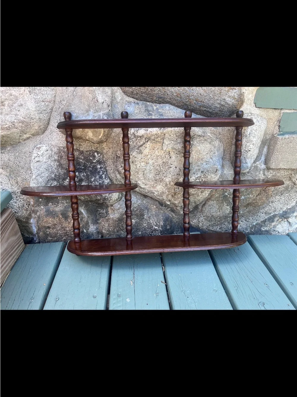 Vintage 1960s Three-Tier Spindle Wall Shelf | Mahogany Effect Display Decor